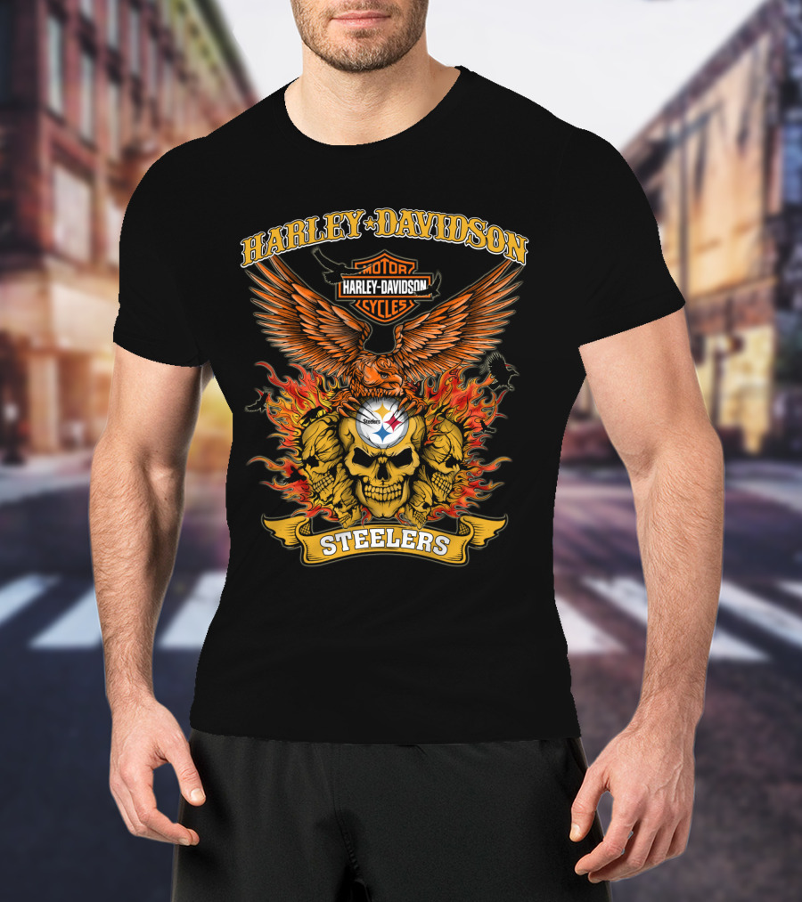Harley Davidson Motorcycles Steelers Skull With Fire And Eagle 0304 Nfl Pittsburgh Steelers T-Shirt
