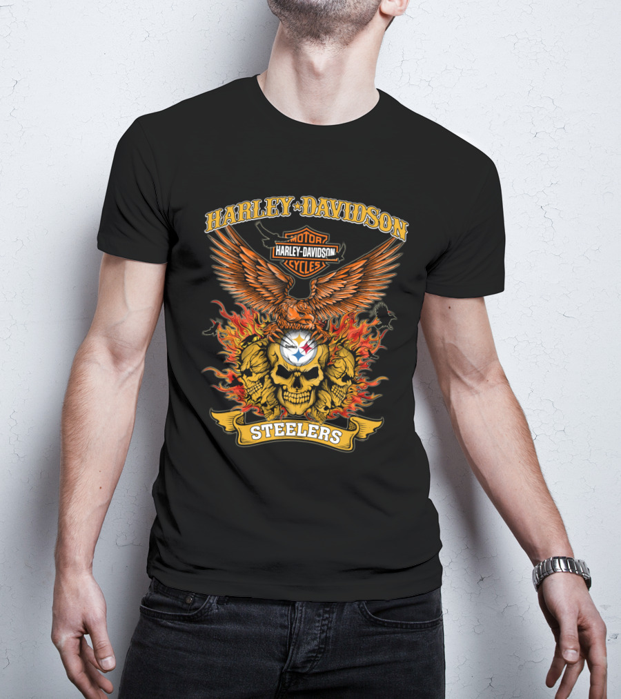 Harley Davidson Motorcycles Steelers Skull With Fire And Eagle 0304 Nfl Pittsburgh Steelers T-Shirt