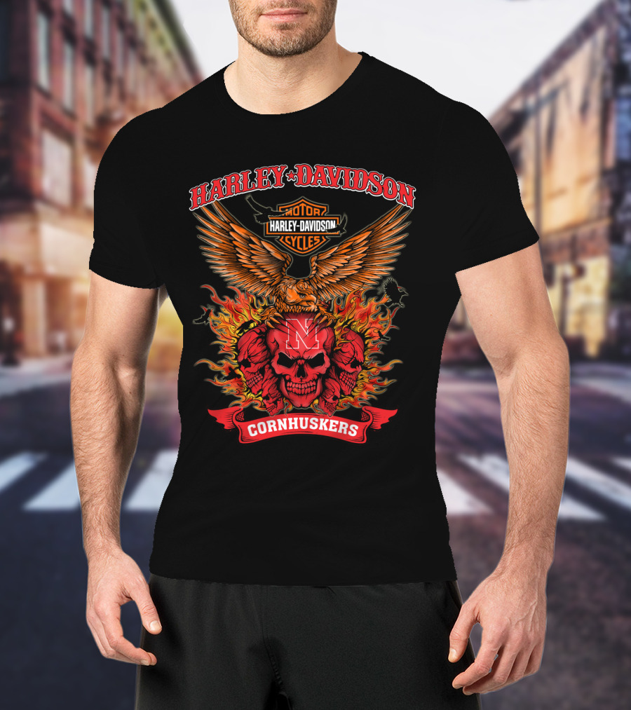 Harley Davidson Nebraska Cornhuskers Skull Flames 0304 Ncaa T-Shirt