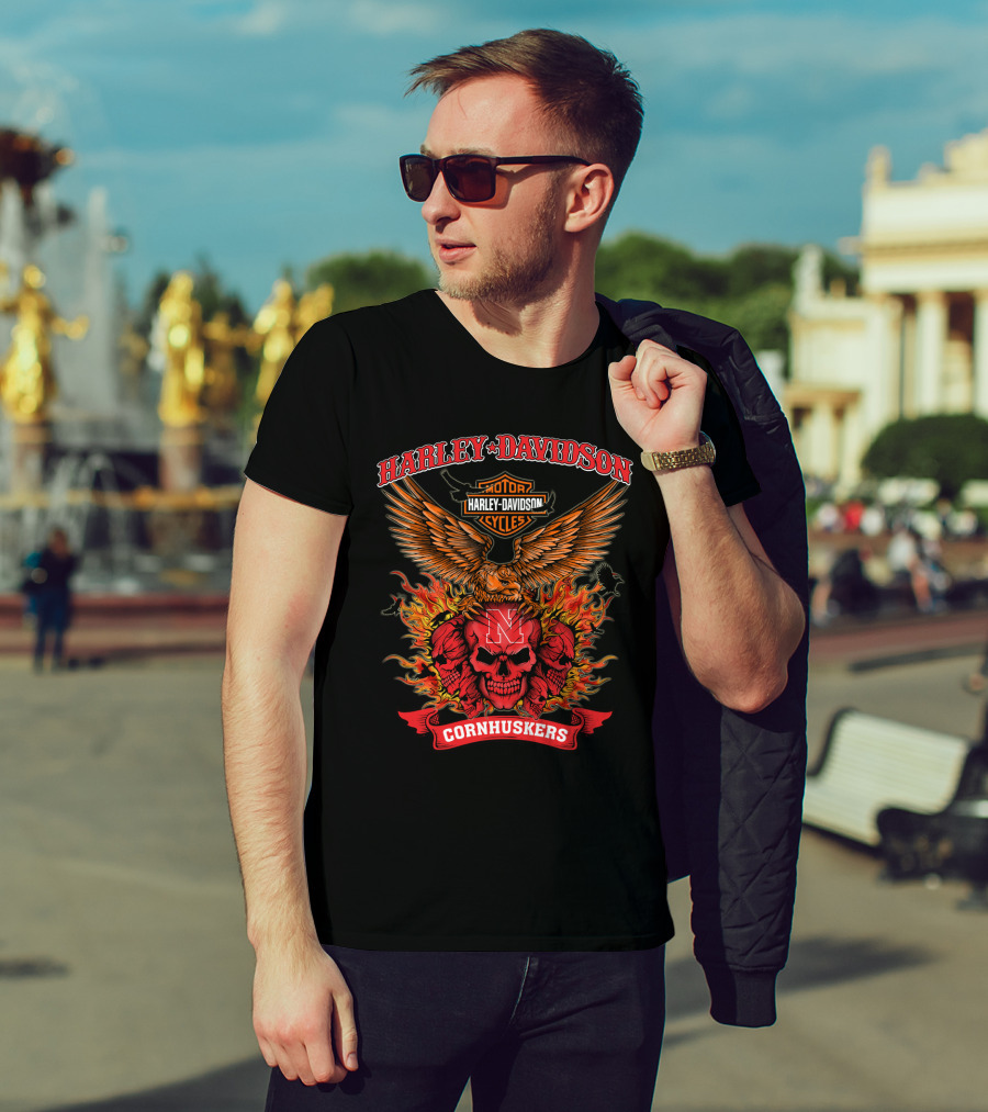 Harley Davidson Nebraska Cornhuskers Skull Flames 0304 Ncaa T-Shirt