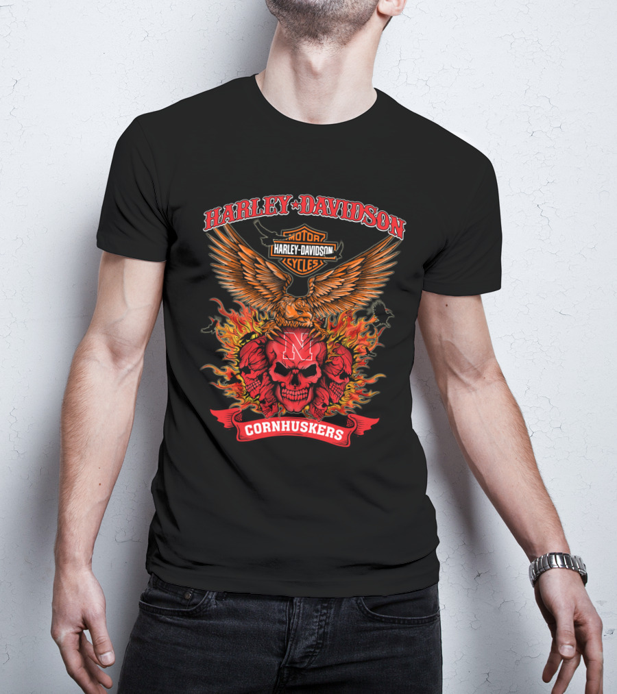 Harley Davidson Nebraska Cornhuskers Skull Flames 0304 Ncaa T-Shirt