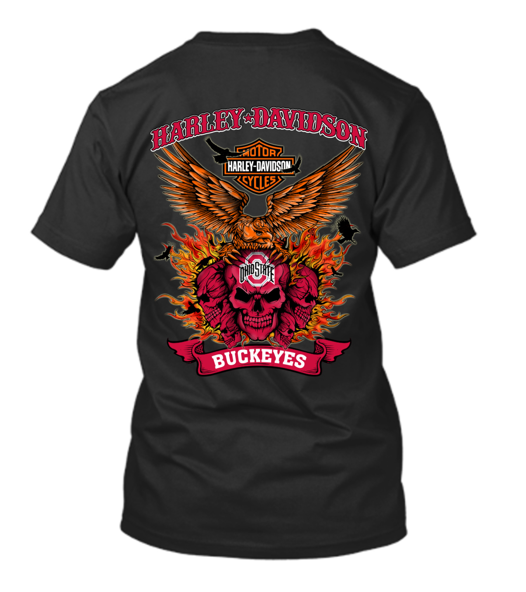 Harley Davidson Ohio State Buckeyes Skull Flames Eagle Wings T-Shirt