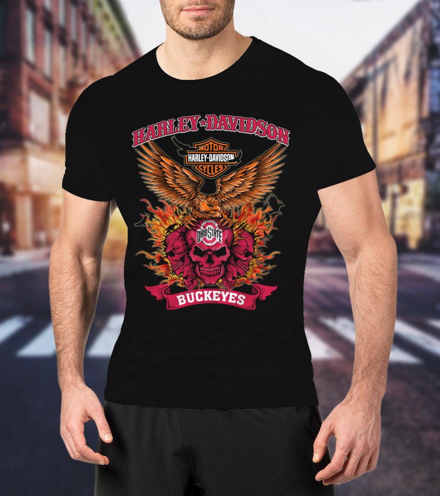Harley Davidson Ohio State Buckeyes Skull Flames Eagle Wings T-Shirt