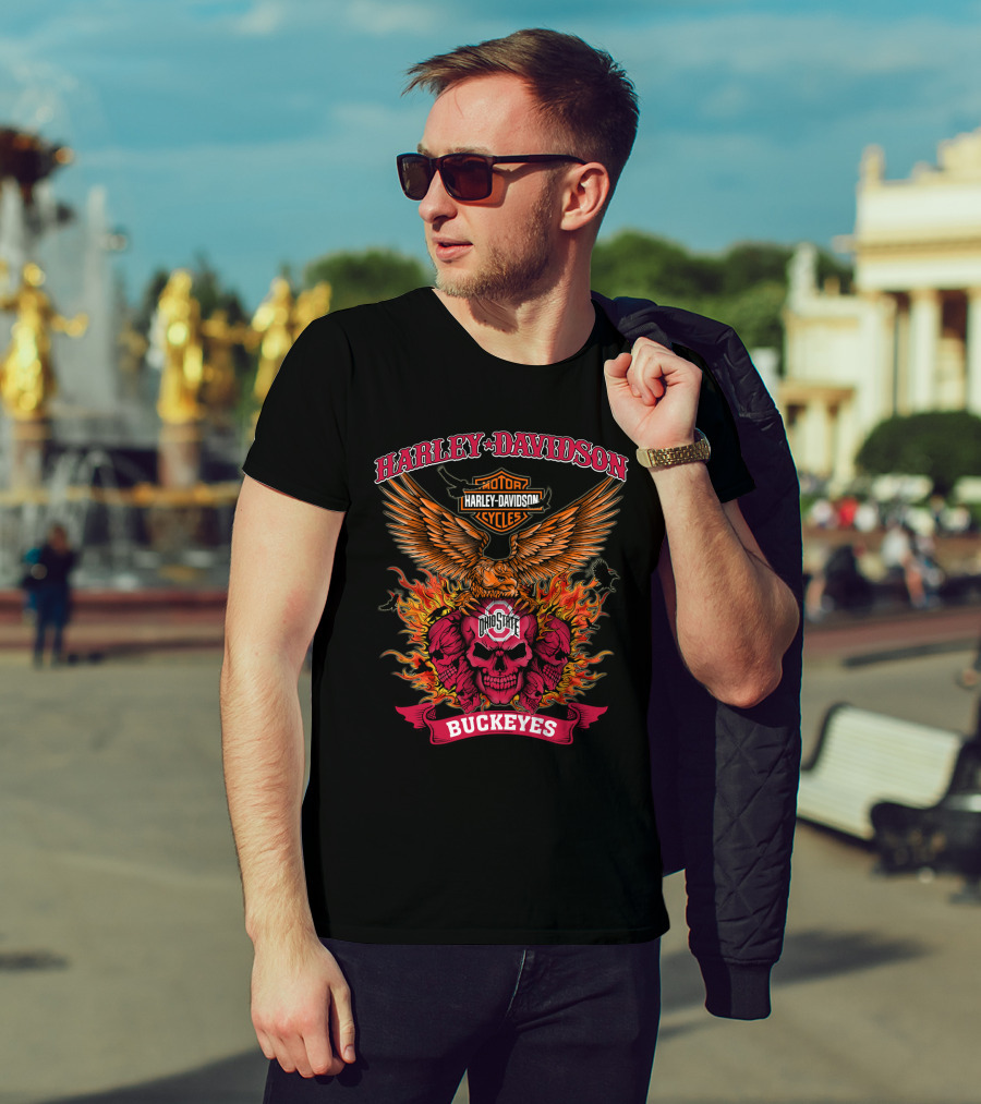 Harley Davidson Ohio State Buckeyes Skull Flames Eagle Wings T-Shirt