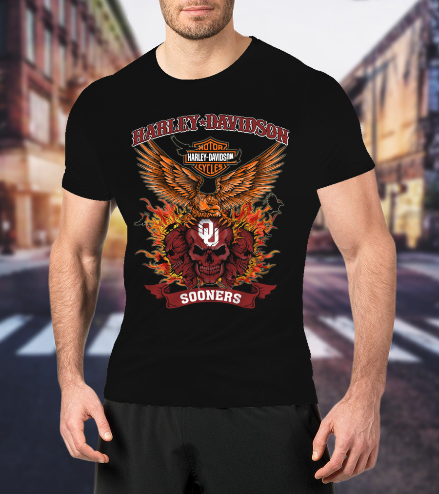 Harley Davidson Motorcycles Oklahoma Sooners Ou Skull Flame T-Shirt