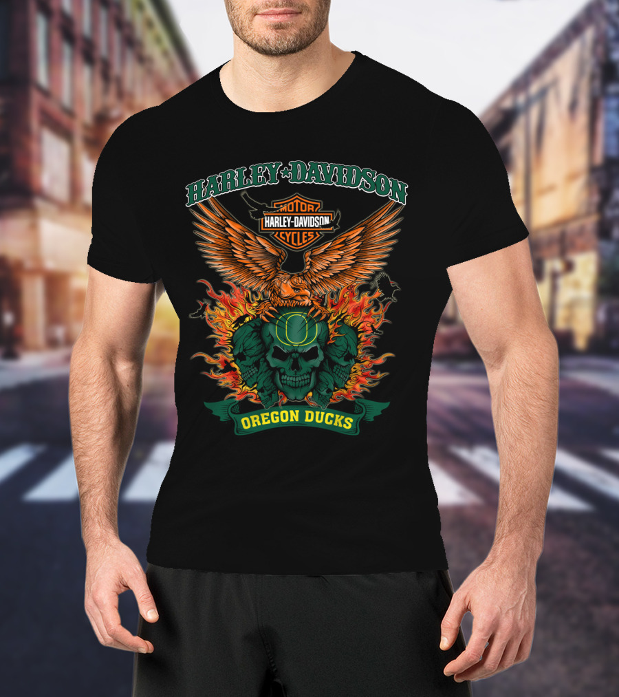 Harley Davidson Oregon Ducks Flaming Skull Eagle T-Shirt
