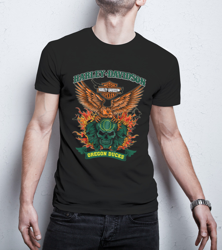 Harley Davidson Oregon Ducks Flaming Skull Eagle T-Shirt