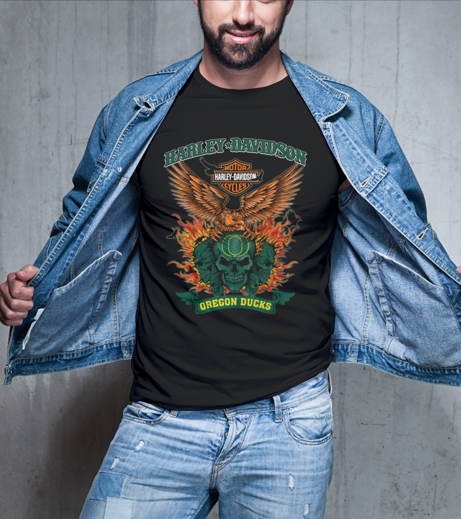Harley Davidson Oregon Ducks Flaming Skull Eagle T-Shirt