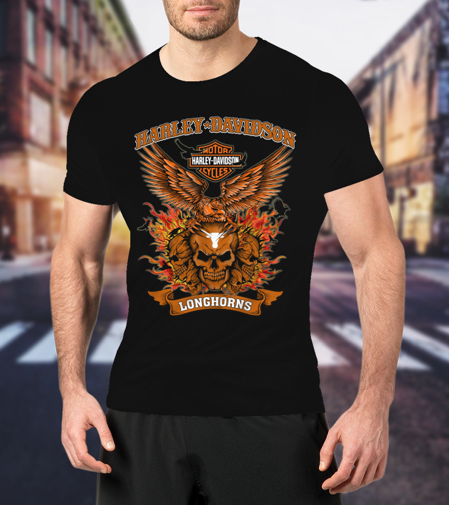 Harley Davidson Motor Cycles Longhorns Flaming Skull Eagle T-Shirt