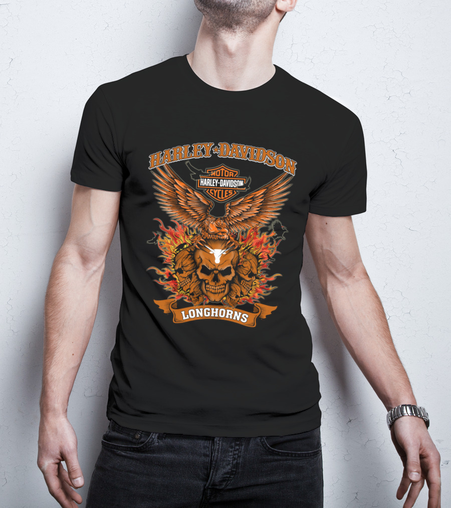 Harley Davidson Motor Cycles Longhorns Flaming Skull Eagle T-Shirt