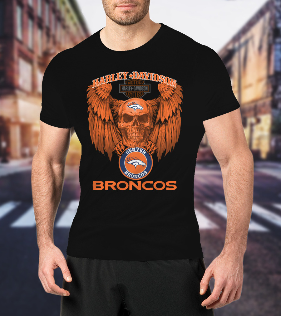 Harley Davidson Denver Broncos Nfl Skull Wings T-Shirt