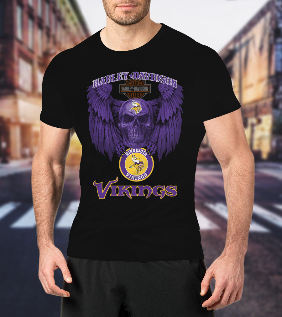 Harley Davidson Minnesota Vikings Motorcycles Purple Skull Wings T-Shirt