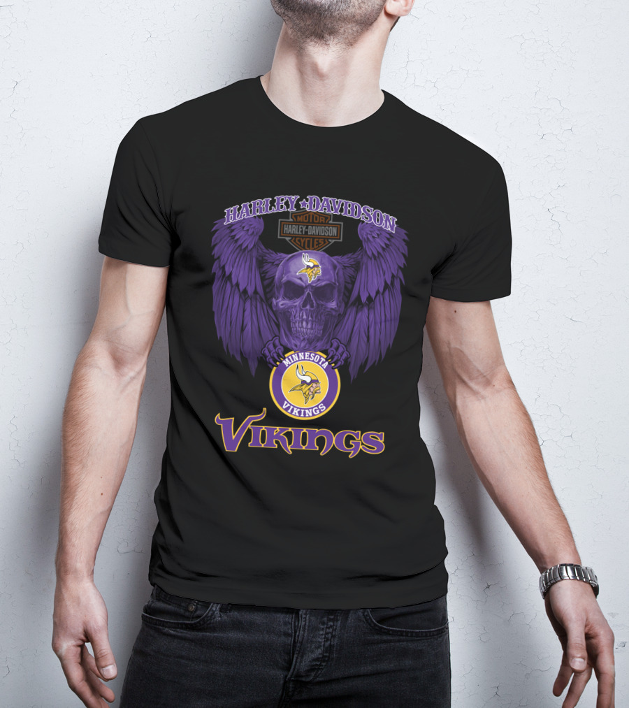 Harley Davidson Minnesota Vikings Motorcycles Purple Skull Wings T-Shirt