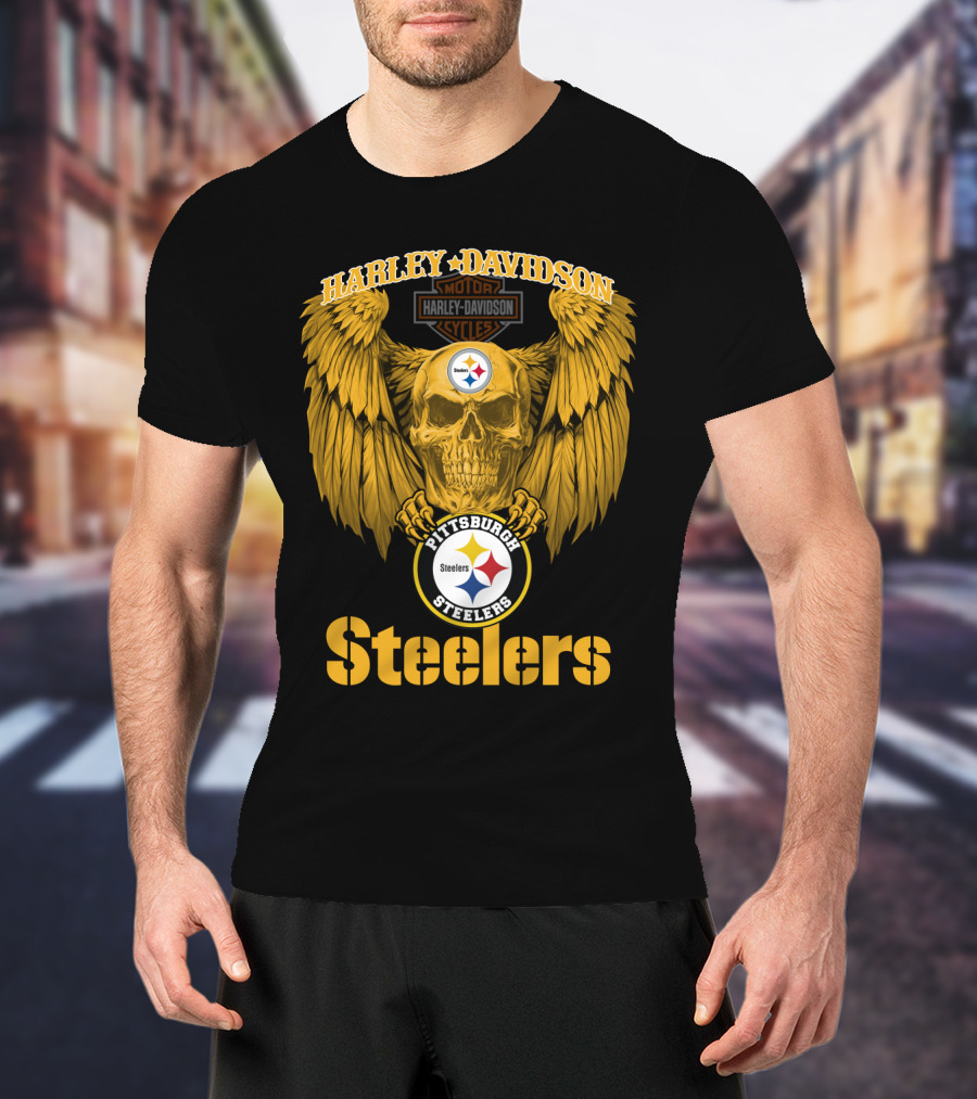 Harley Davidson Pittsburgh Steelers Skull Motor Cycles Winged T-Shirt