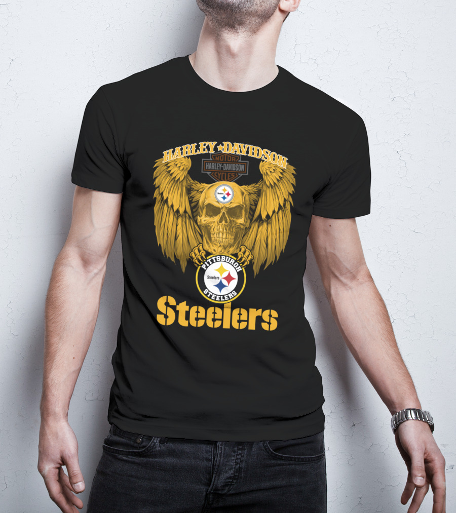 Harley Davidson Pittsburgh Steelers Skull Motor Cycles Winged T-Shirt