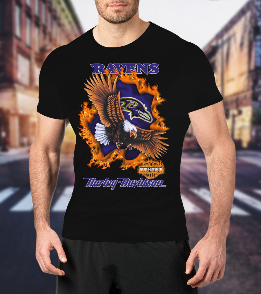 Ravens Harley Davidson Baltimore Ravens Logo Eagle Fire T-Shirt