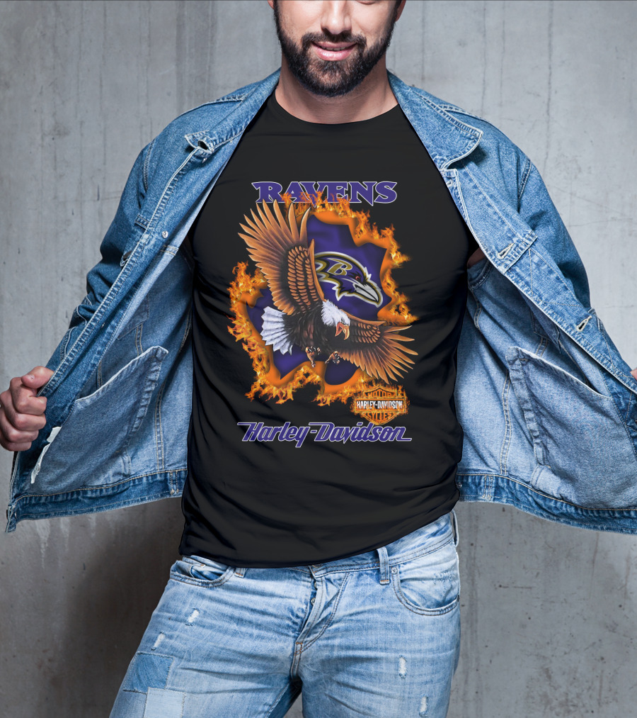 Ravens Harley Davidson Baltimore Ravens Logo Eagle Fire T-Shirt