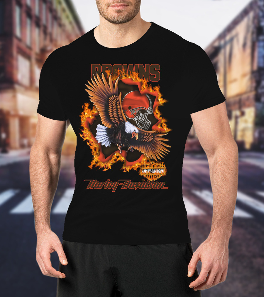 Browns Harley Davidson Nfl 84 Cleveland Browns Eagle Helmet Flames T-Shirt
