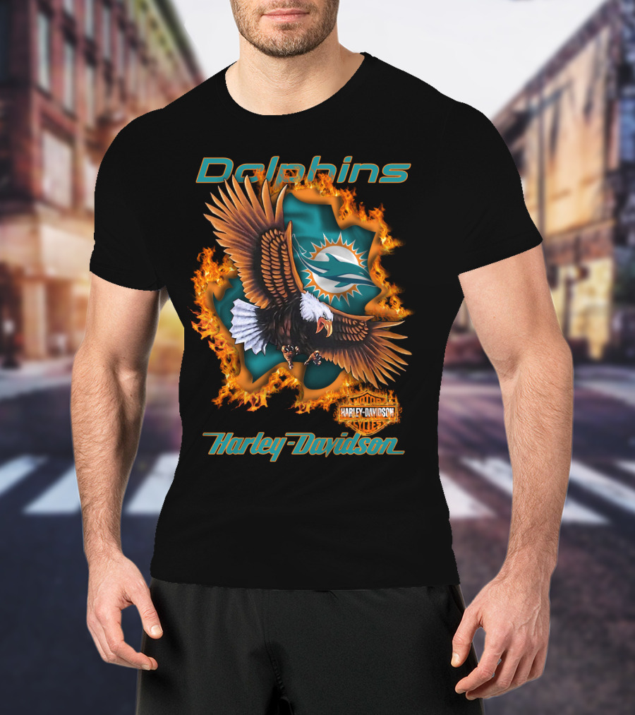 Miami Dolphins Harley Davidson Nfl 84 Bald Eagle Flames T-Shirt
