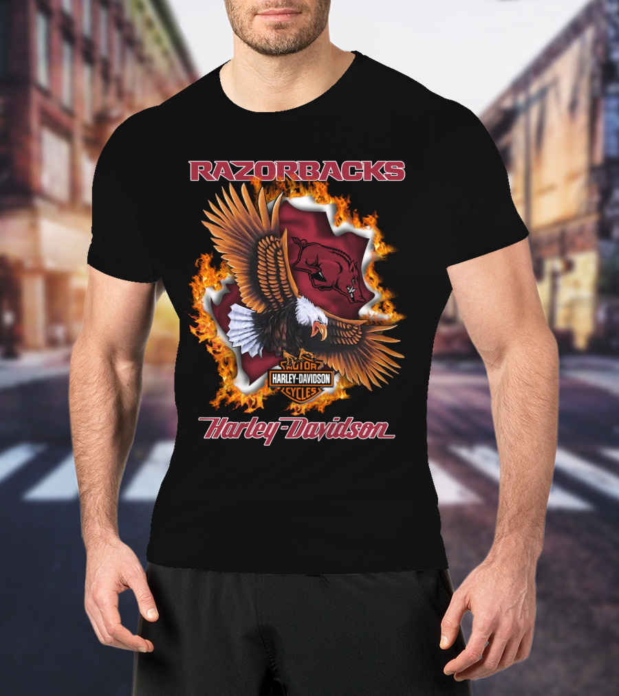 Razorbacks Harley Davidson Cycles Eagle And Flame T-Shirt