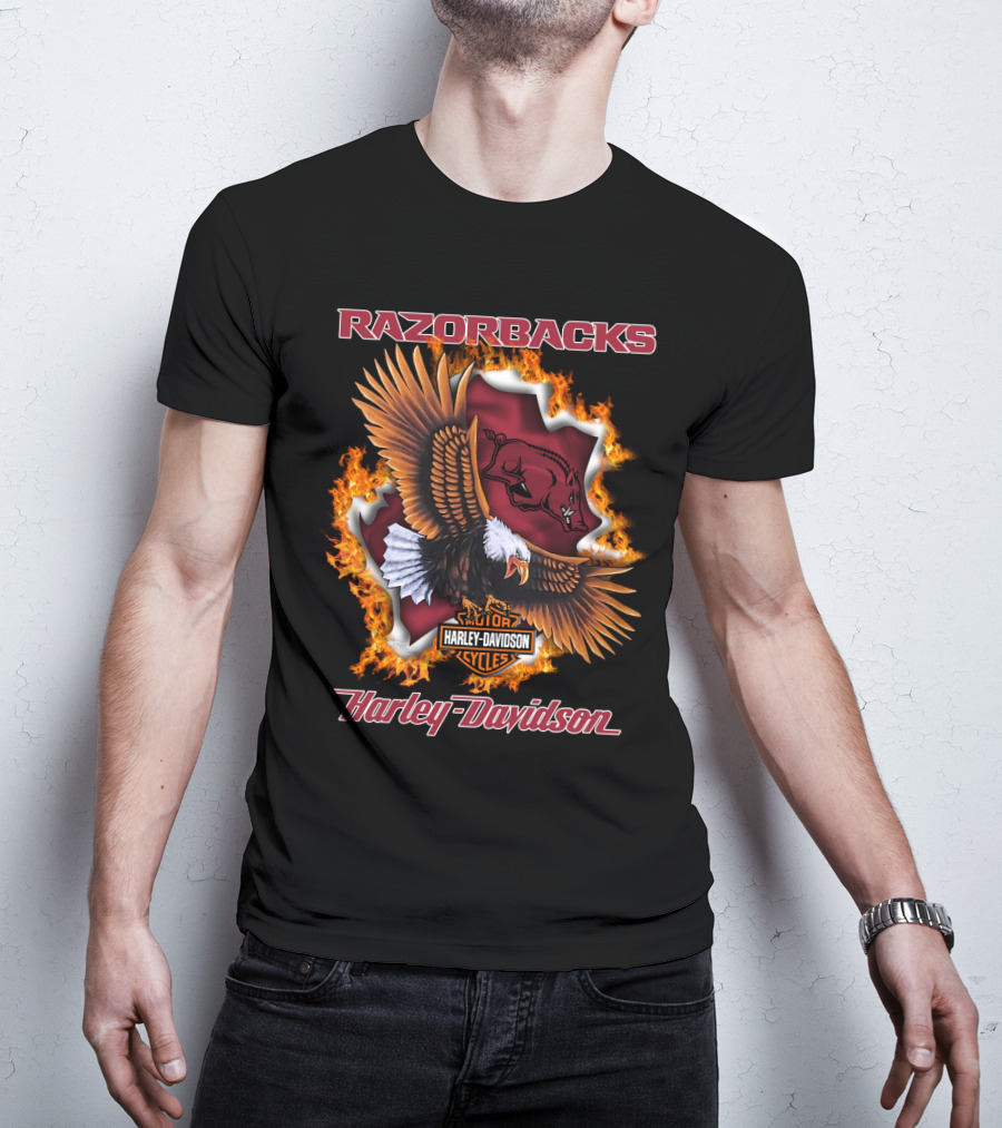 Razorbacks Harley Davidson Cycles Eagle And Flame T-Shirt
