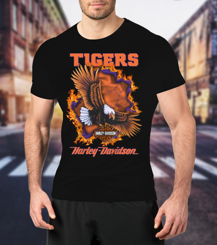 Tigers Harley Davidson Cycles Eagle Flames T-Shirt