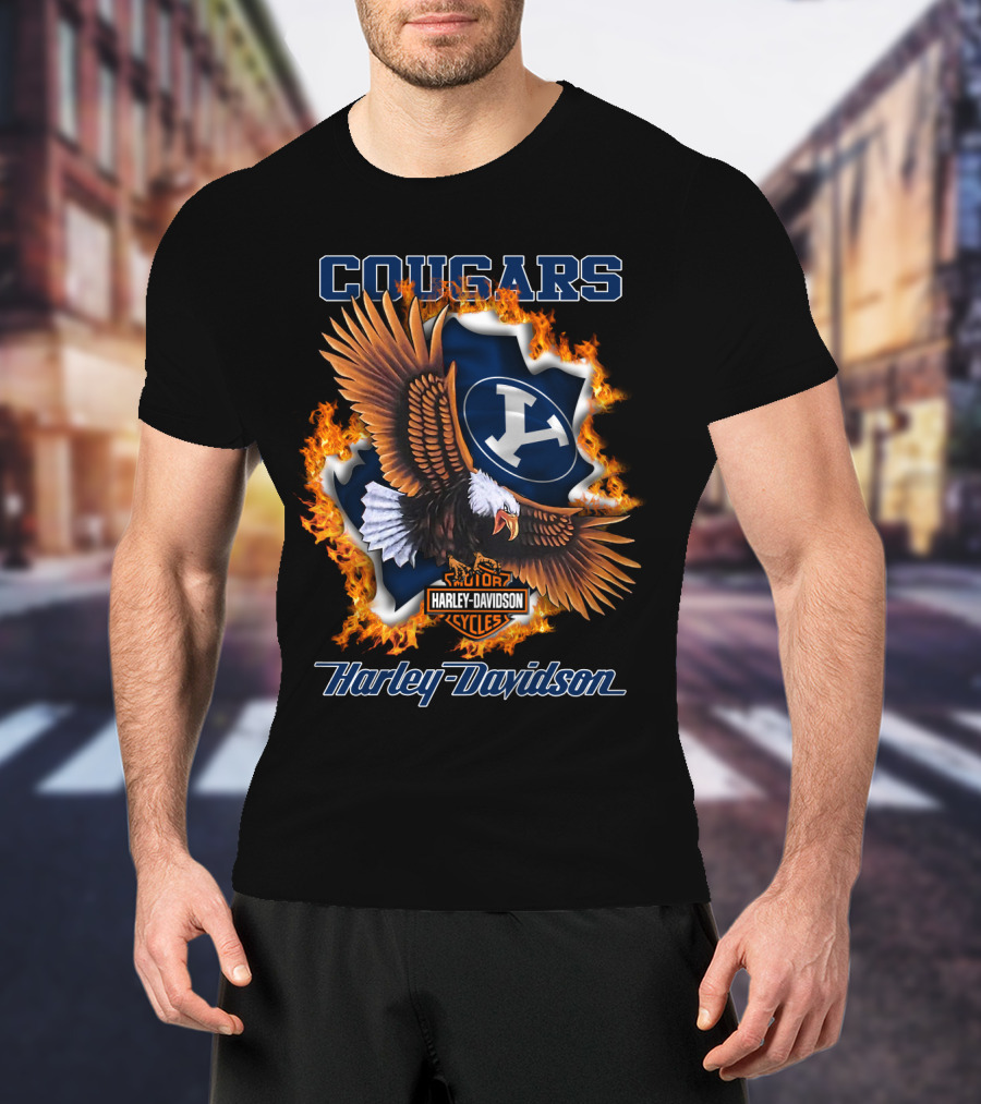 Byu Cougars Harley Davidson Ncaa 04.08 Eagle Flame Shield T-Shirt