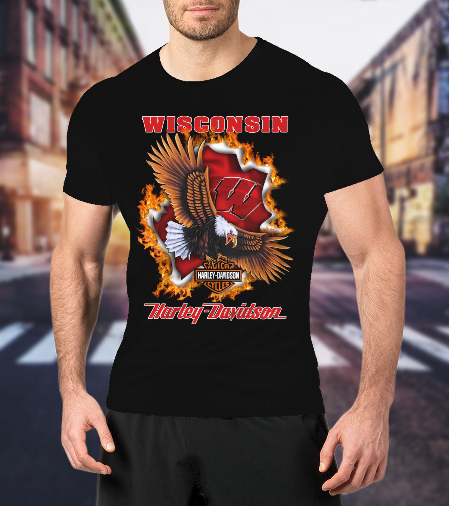 Wisconsin Harley Davidson Ncaa Badgers Flames Eagle T-Shirt