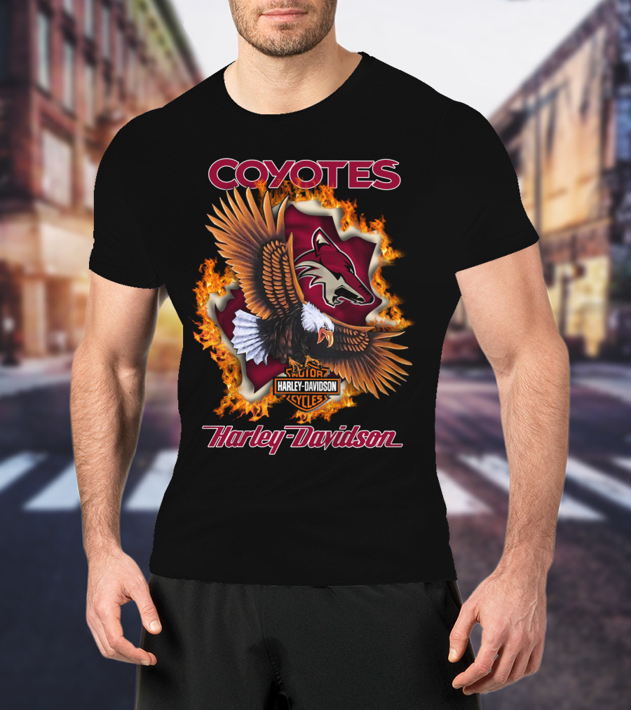 Harley Davidson Arizona Coyotes Nhl Logo Flames Eagle T-Shirt