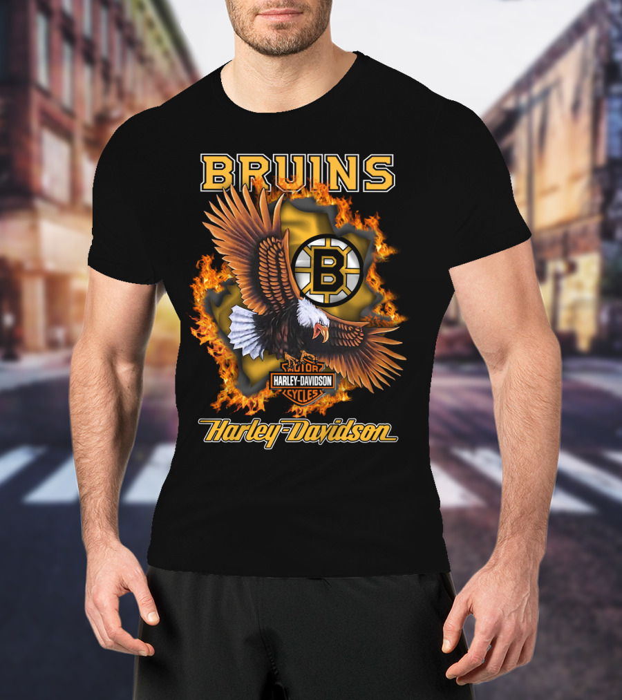Boston Bruins Harley Davidson Cycles Eagle Flames T-Shirt
