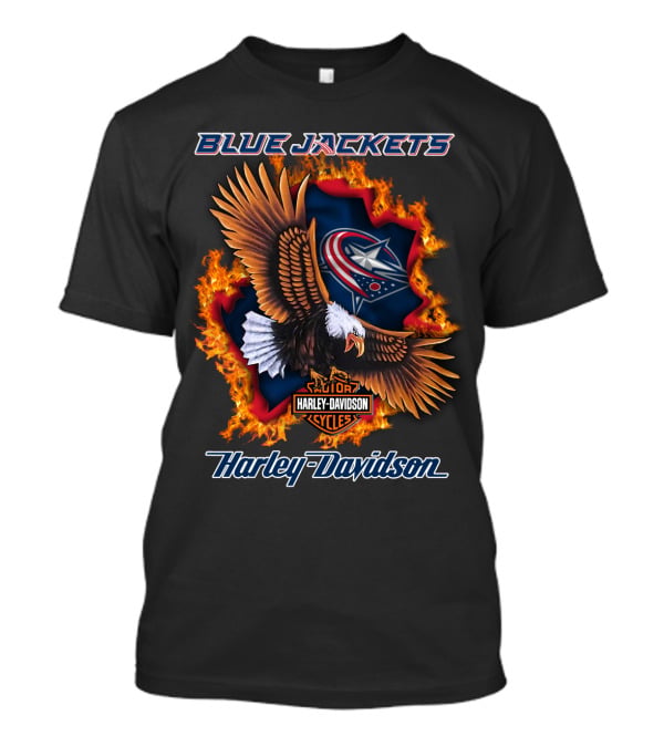 Blue Jackets Harley Davidson Columbus Nhl Cycles Eagle Flame T-Shirt