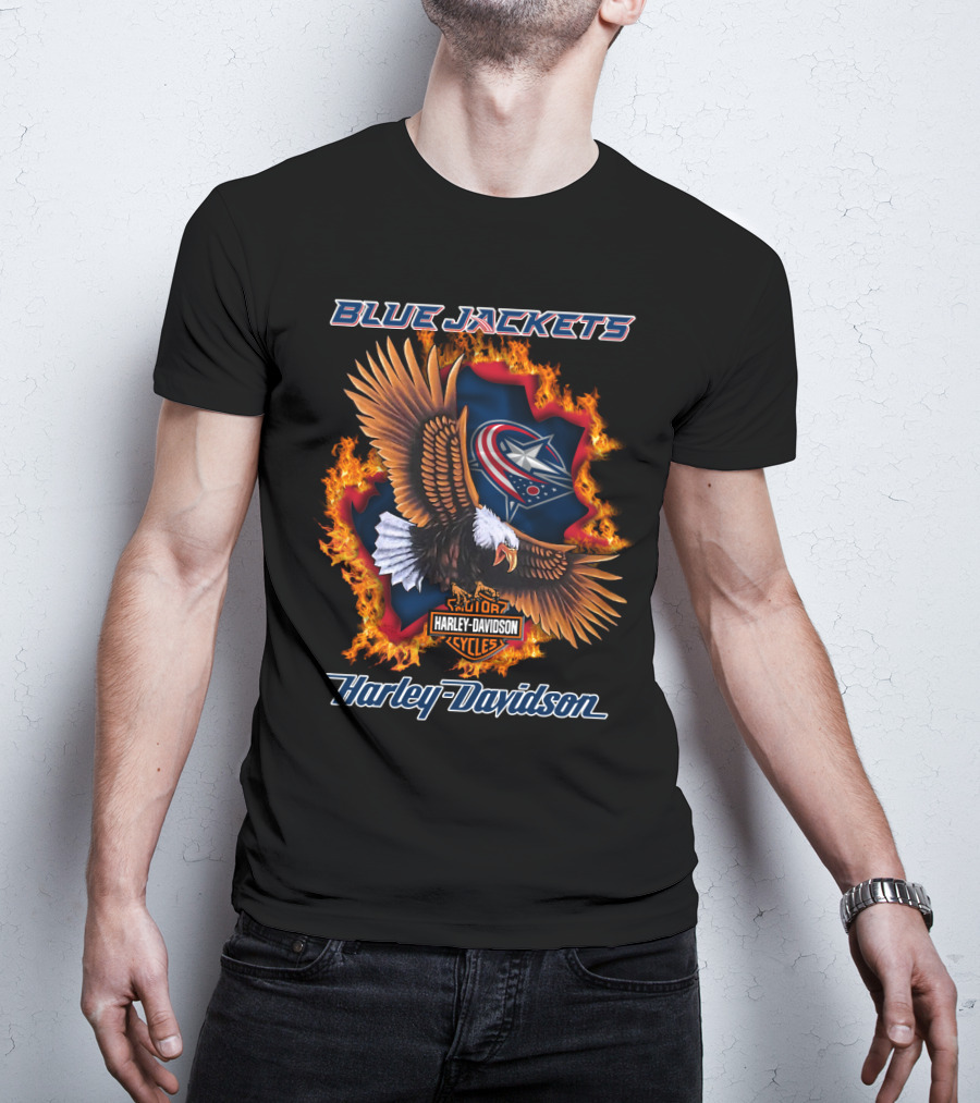 Blue Jackets Harley Davidson Columbus Nhl Cycles Eagle Flame T-Shirt