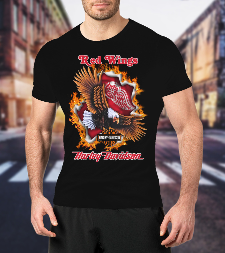 Red Wings Harley Davidson Detroit Nhl Eagle Logo Flames T-Shirt