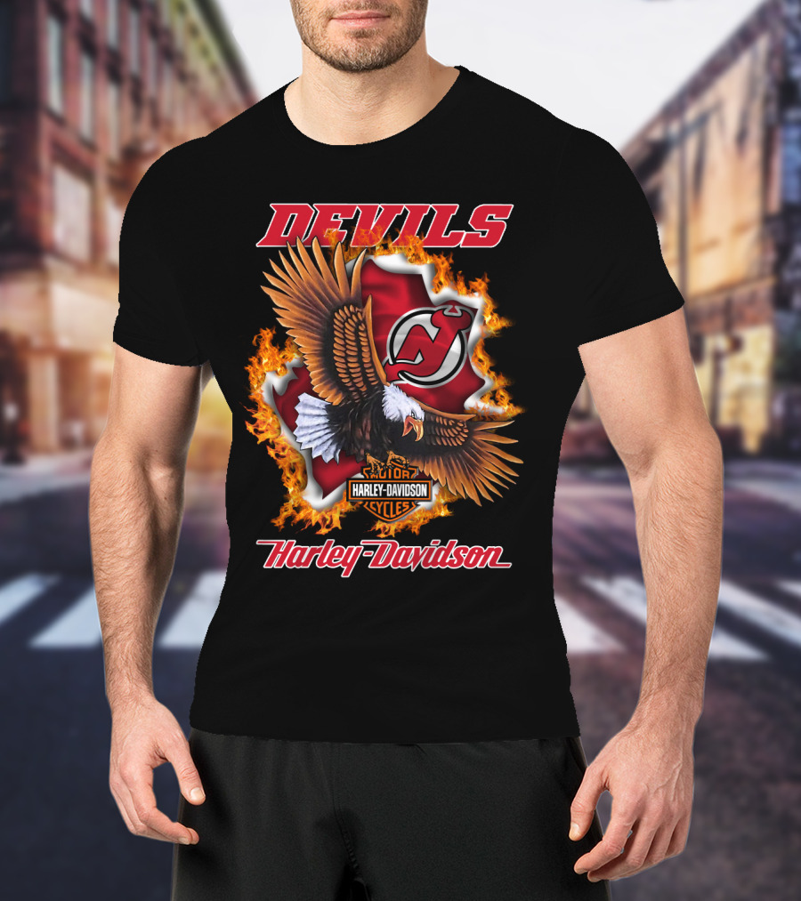 New Jersey Devils Harley Davidson Cycles Eagle Fire T-Shirt