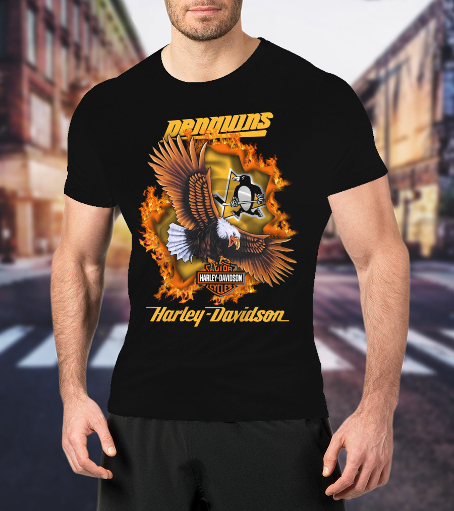 Harley Davidson Pittsburgh Penguins Nhl Eagles Flames T-Shirt