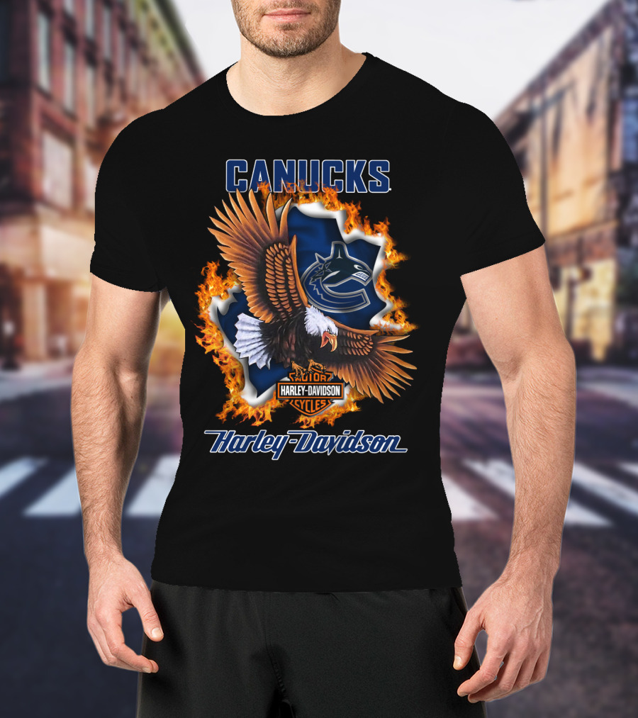 Canucks Harley Davidson Nhl Vancouver Cycles Eagle Flame T-Shirt