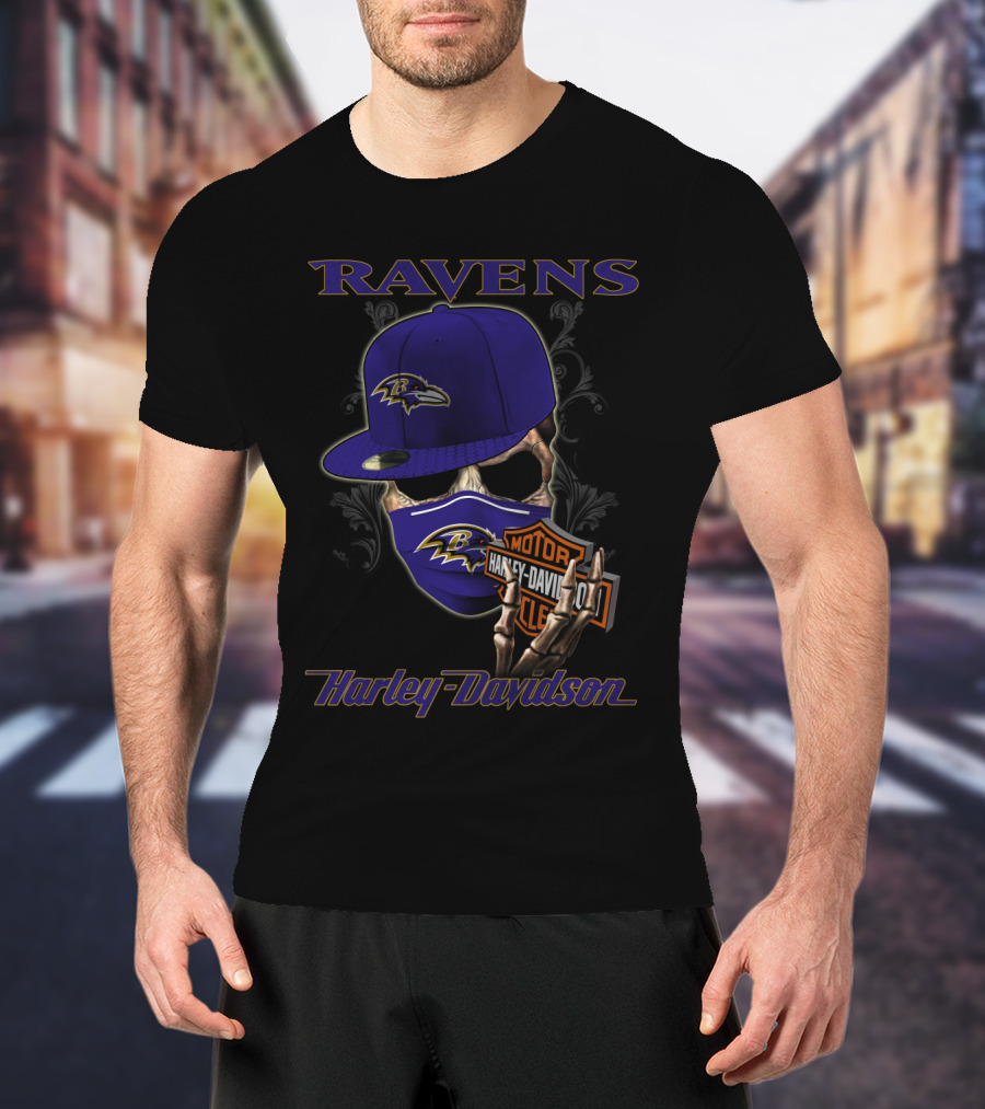 Ravens Harley Davidson Nfl Baltimore Skeleton Mask And Cap T-Shirt