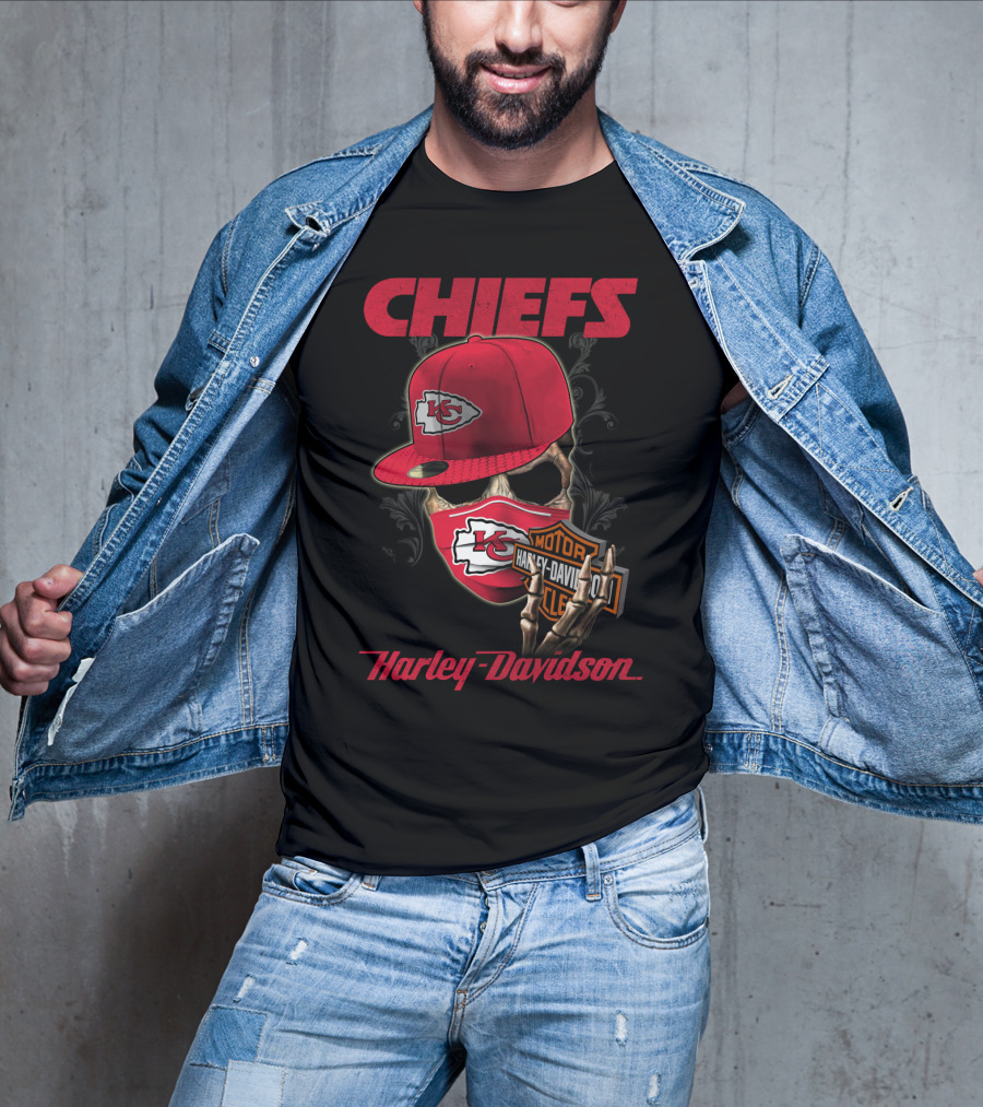 Kansas City Chiefs Harley Davidson Skull And Cap T-Shirt