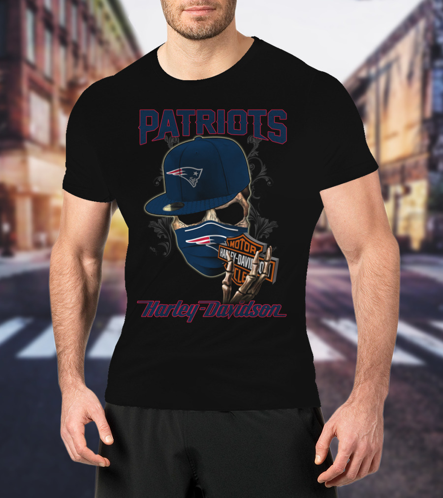 Harley Davidson New England Patriots Skull With Cap And Mask T-Shirt