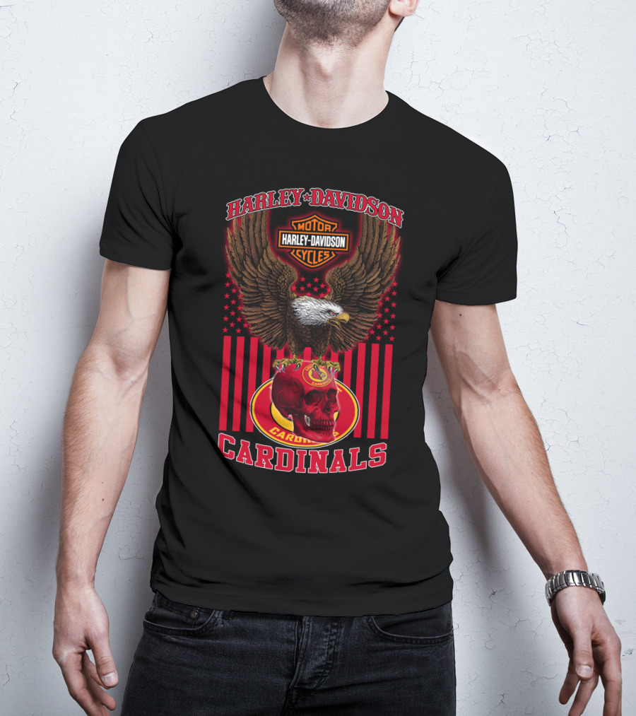 Harley Davidson Motor Cycles Eagle With Louisville Cardinals Skull And Stars T-Shirt