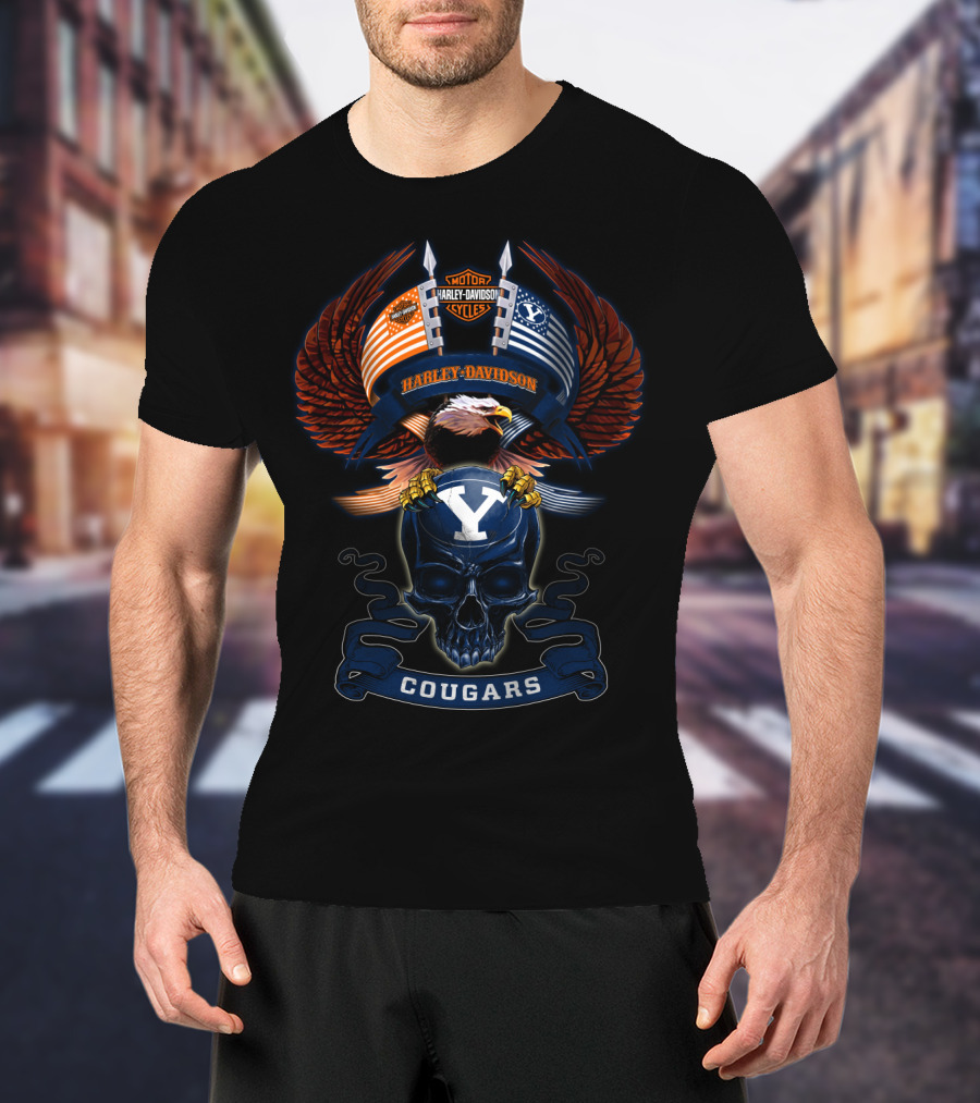 Motor Harley Davidson Cougars Byu Y Skull And Eagle Wings T-Shirt