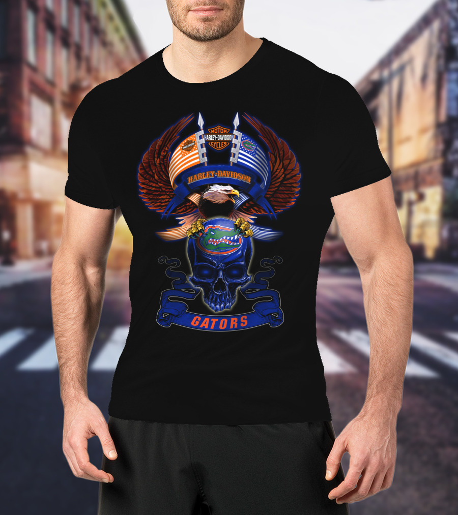Harley Davidson Motor Cycles Florida Gators Eagle Skull T-Shirt