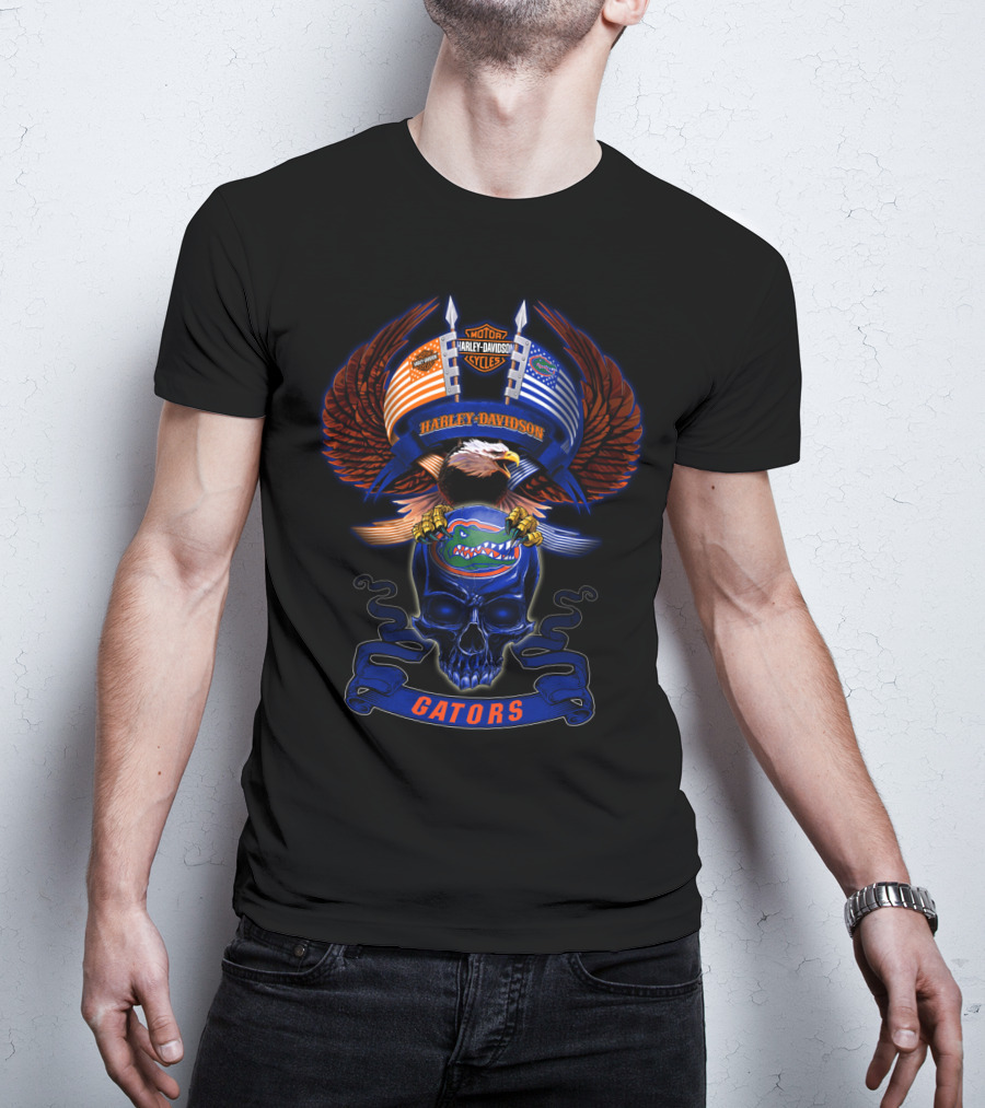 Harley Davidson Motor Cycles Florida Gators Eagle Skull T-Shirt