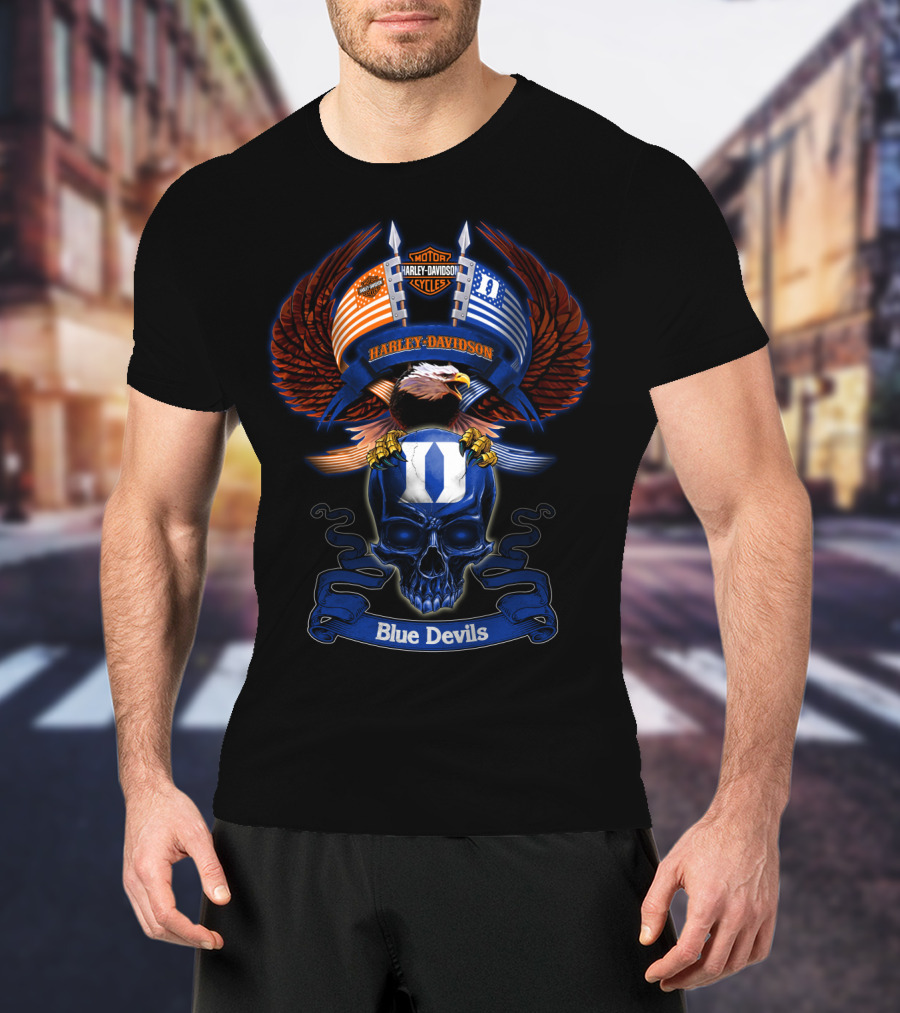Harley Davidson Motor Cycles Eagle Skull Blue Devils T-Shirt