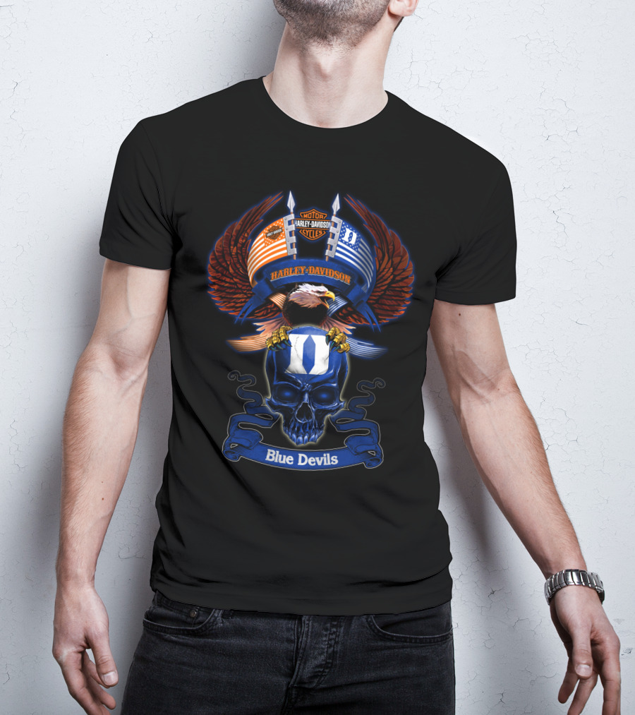 Harley Davidson Motor Cycles Eagle Skull Blue Devils T-Shirt