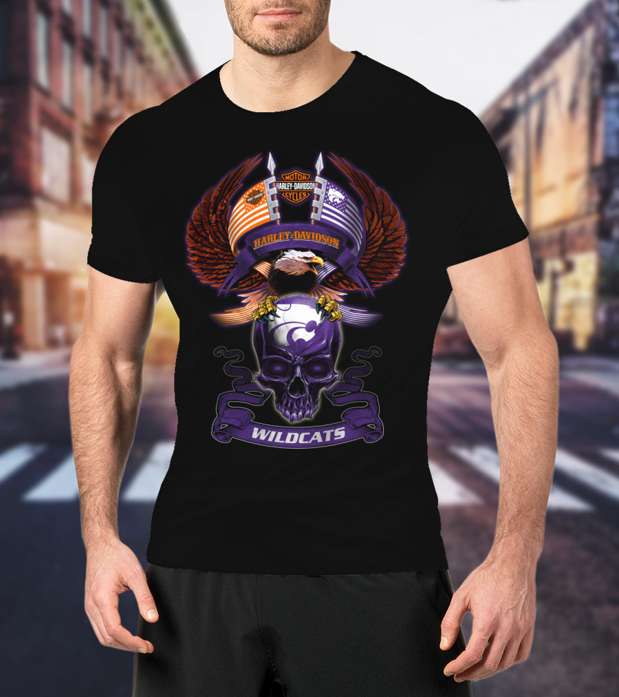 Harley Davidson Motor Cycles Kansas State Wildcats Bald Eagle Skull Wings T-Shirt