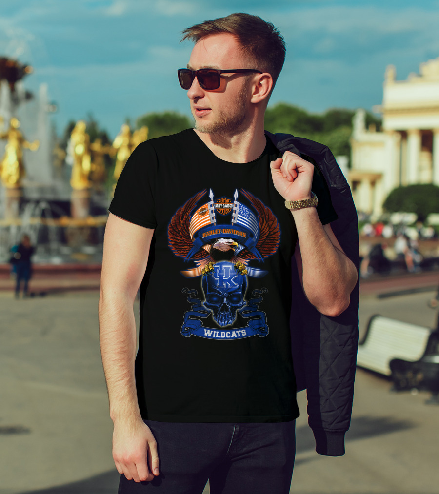 Harley Davidson Kentucky Wildcats Skull And American Flag Eagle T-Shirt