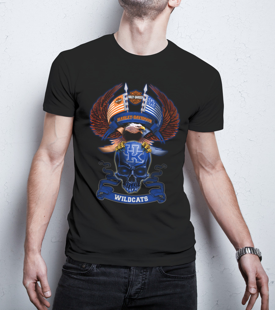 Harley Davidson Kentucky Wildcats Skull And American Flag Eagle T-Shirt