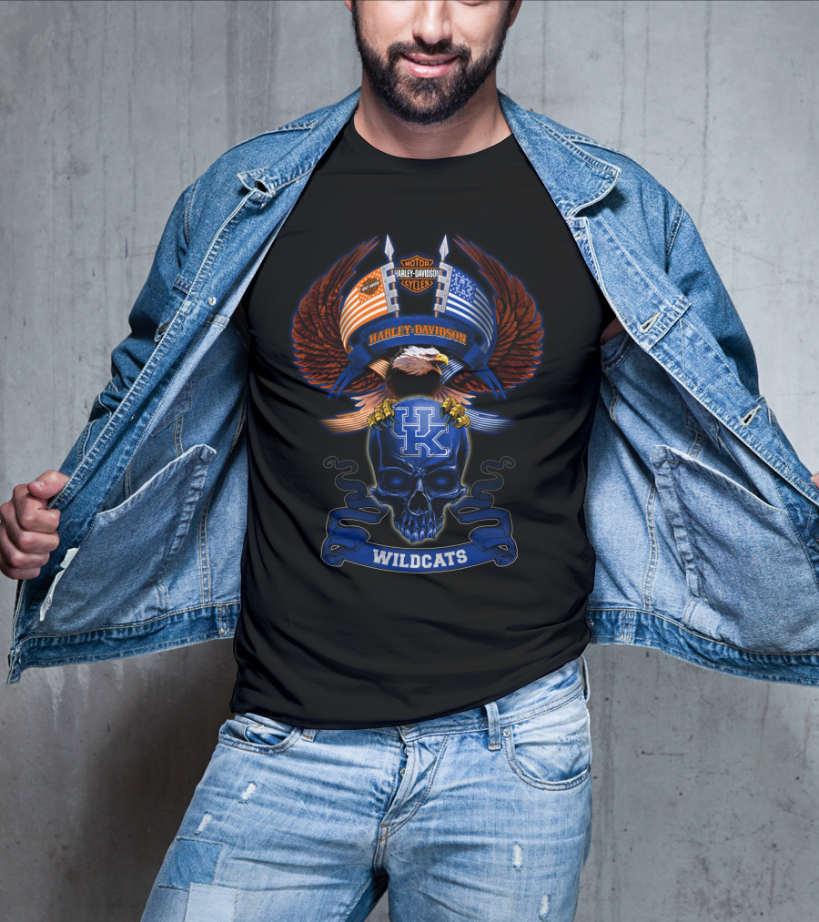 Harley Davidson Kentucky Wildcats Skull And American Flag Eagle T-Shirt
