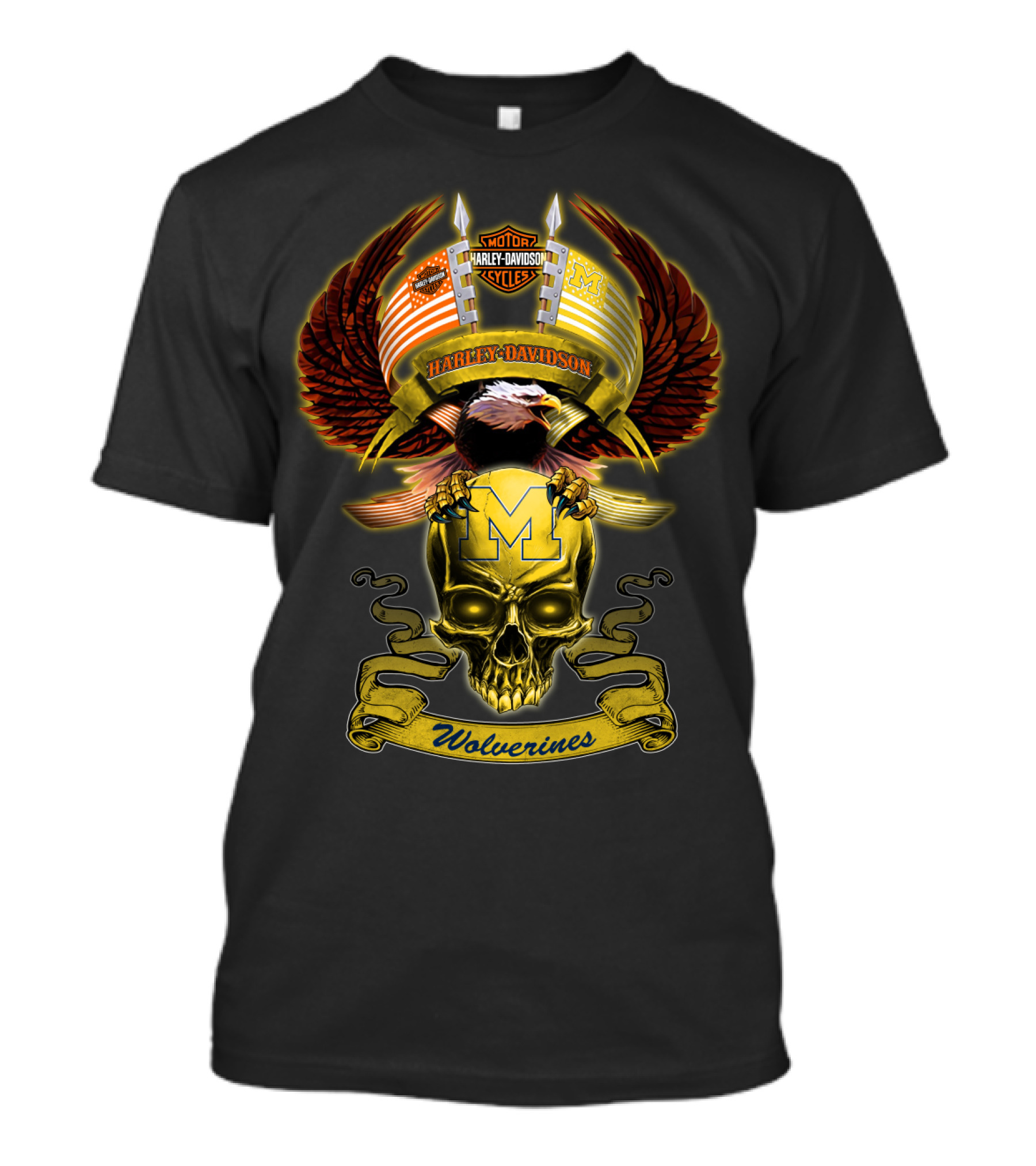 Motorcycles Harley Davidson Michigan Wolverines M Skull Eagle Wings T-Shirt